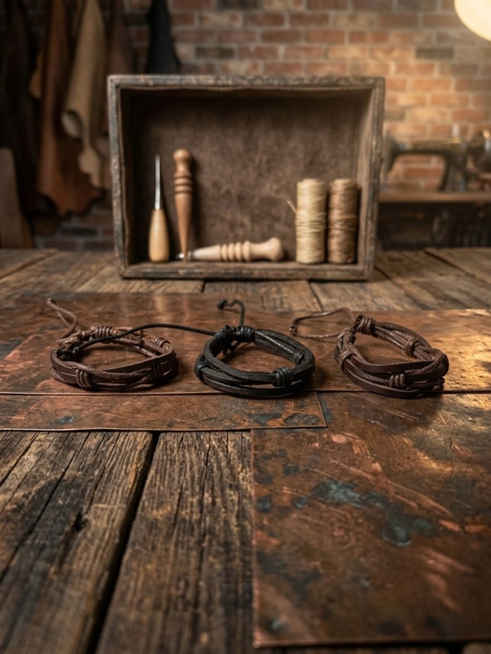 Hand Crafted Brown and Black Multi-Strand Leather Bracelets